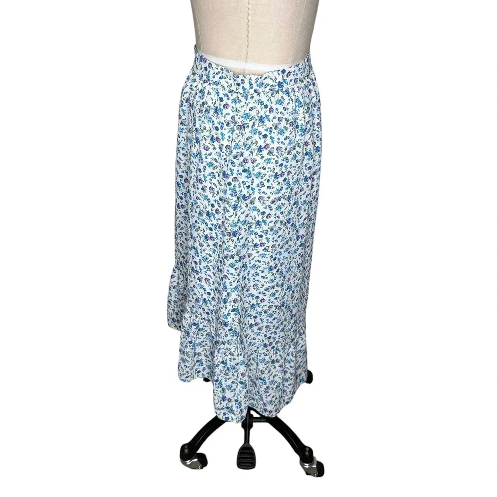 H HALSTON Floral Midi Skirt White Blue Ditsy Print Ruffle Women's Size XS Preppy